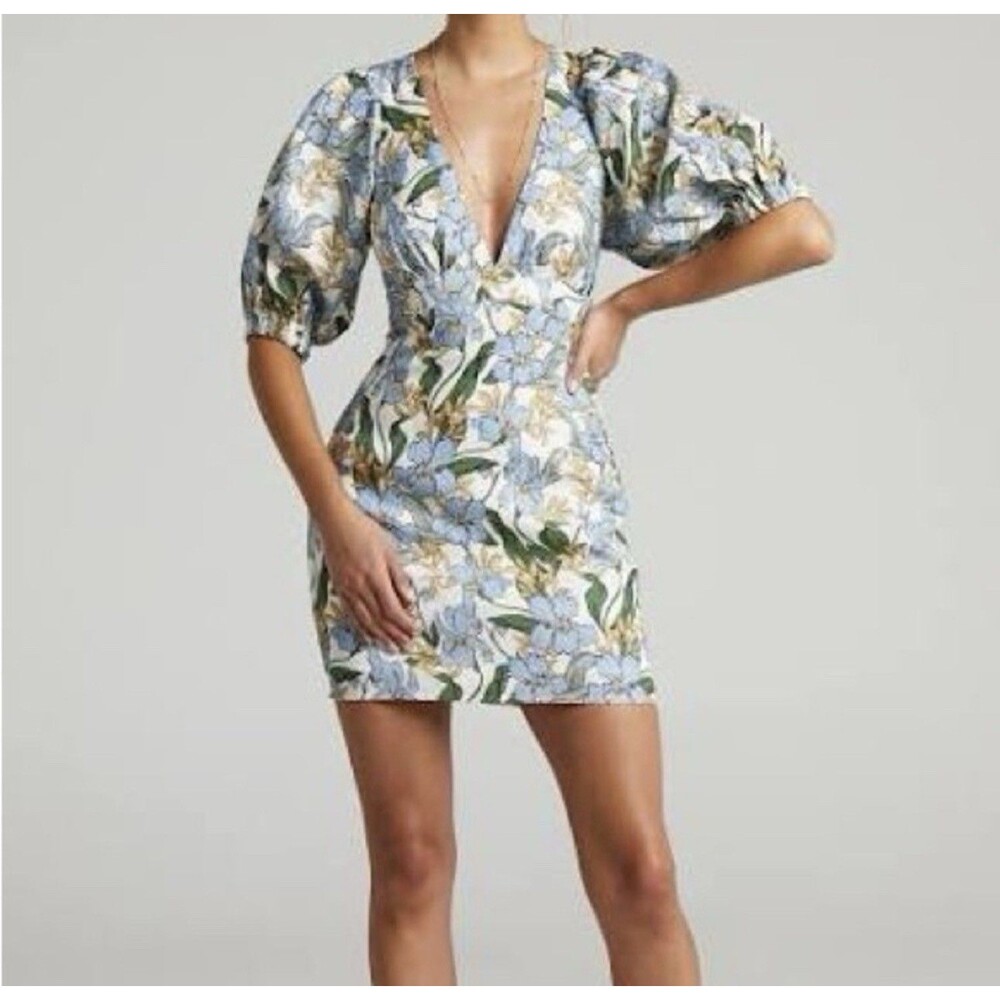 Amalie By Showpo Indrisia Linen Puff Sleeve Mini Dress Iris Floral Open Back 6